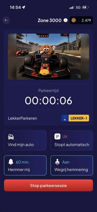 Een lopende parkeeractie met de parkeertijd, herinneringen en de knop Stop parkeersessie