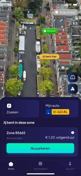 Het startscherm met de zone waar je staat, het tarief voor het volgende uur en de knop Nu parkeren