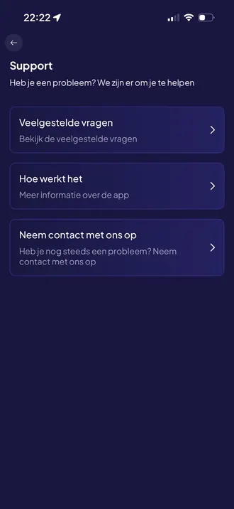 Het supportscherm in de app met veelgestelde vragen, hoe het werkt en contact opnemen