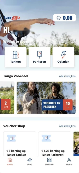 De Tango-app met Tanken, Parkeren en Opladen